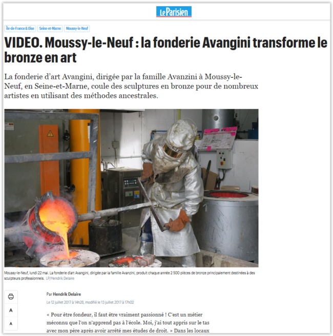 Le Parisien publie un article sur la Fonderie d’art Avangini :